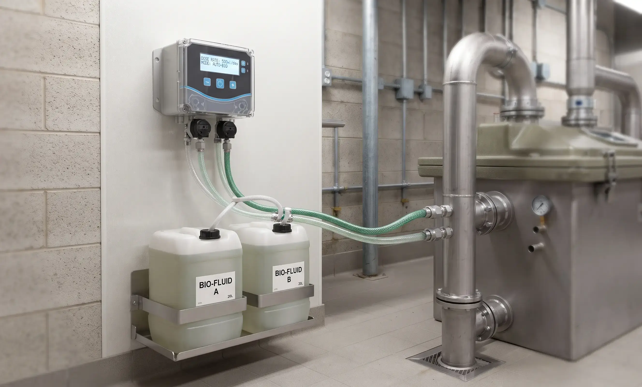 Automatic grease trap dosing system for commercial kitchen odor and drain maintenance