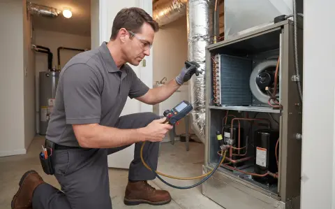 HVAC specialist performing AC cleaning and duct maintenance in UAE